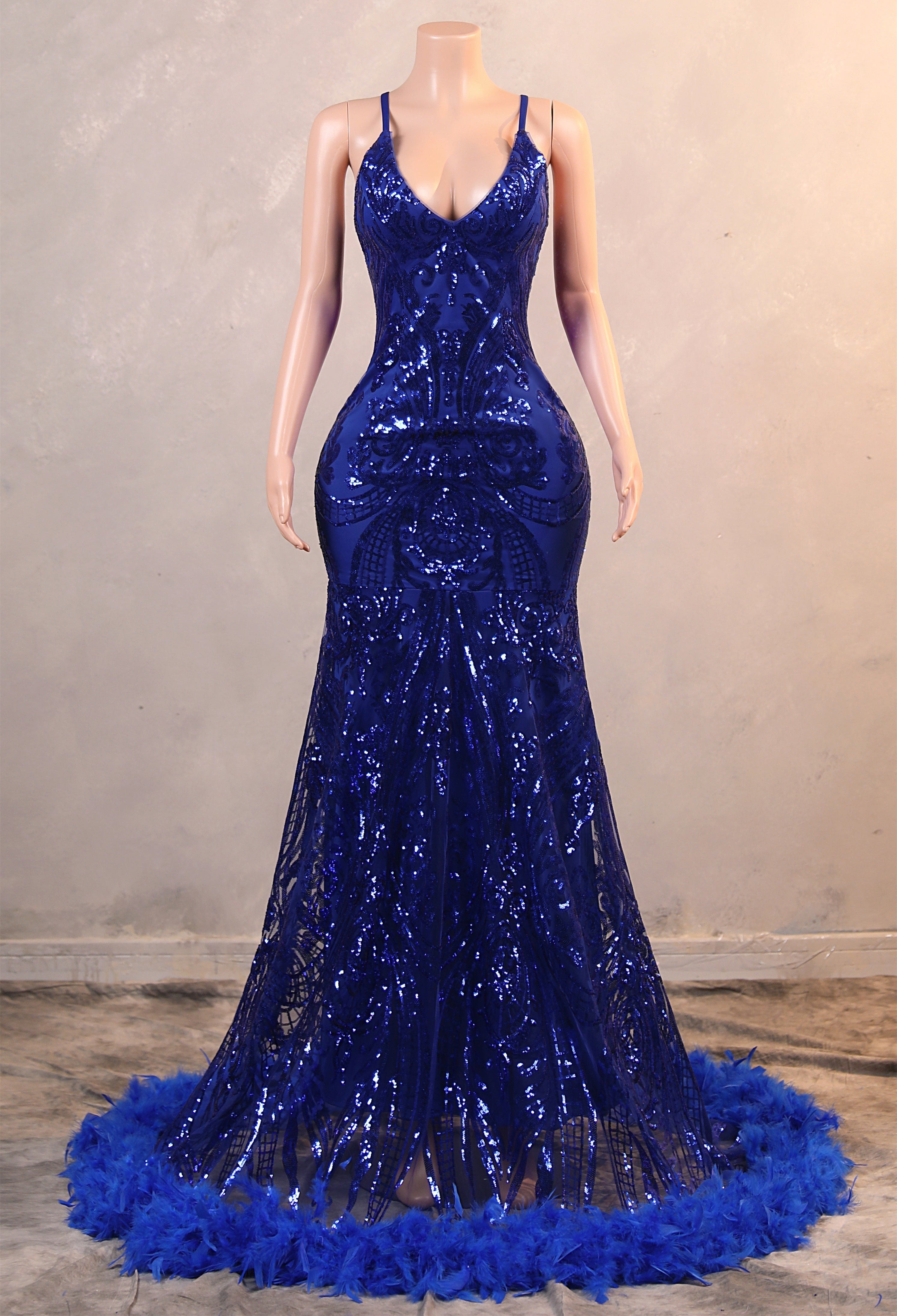 Halter V-neck Royal Blue Sequin Sparkle Feathers Prom Dresses