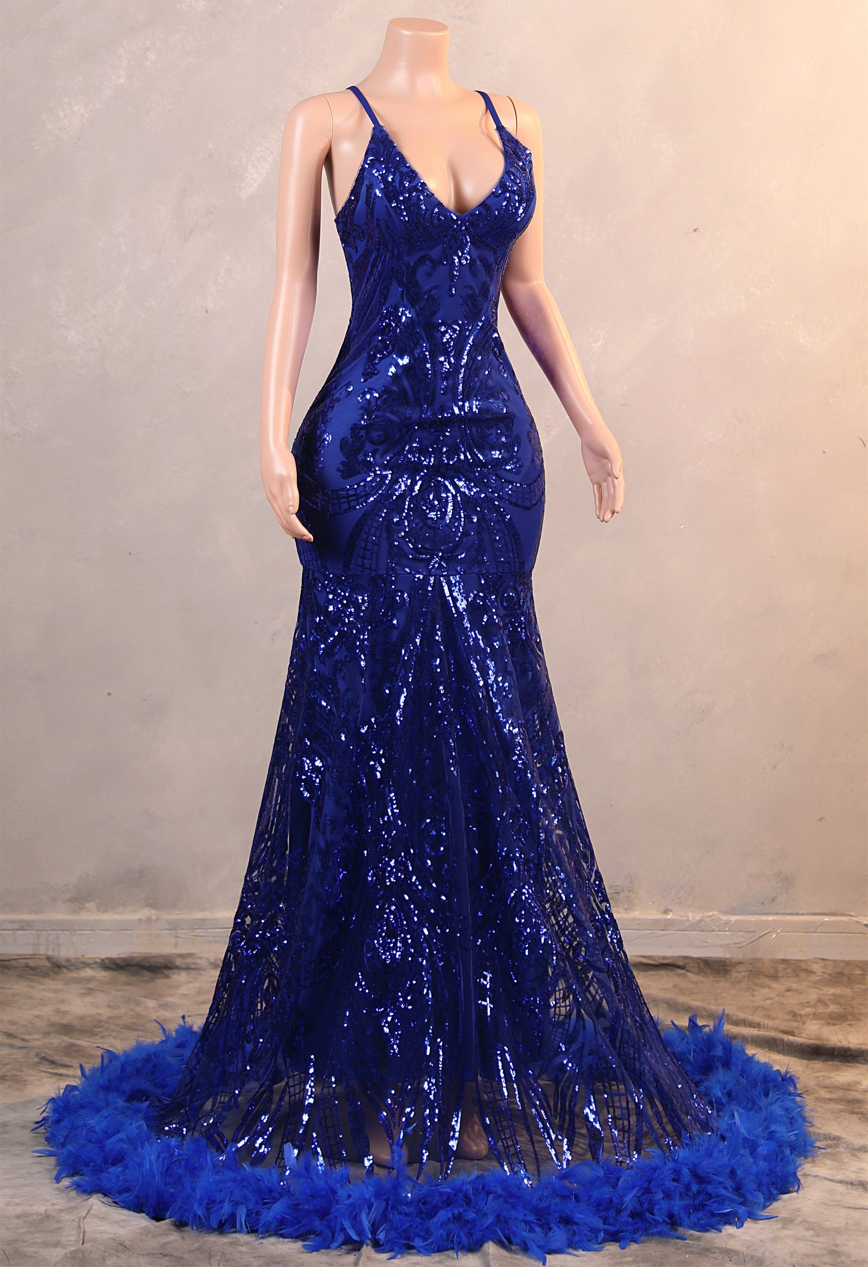 Halter V-neck Royal Blue Sequin Sparkle Feathers Prom Dresses