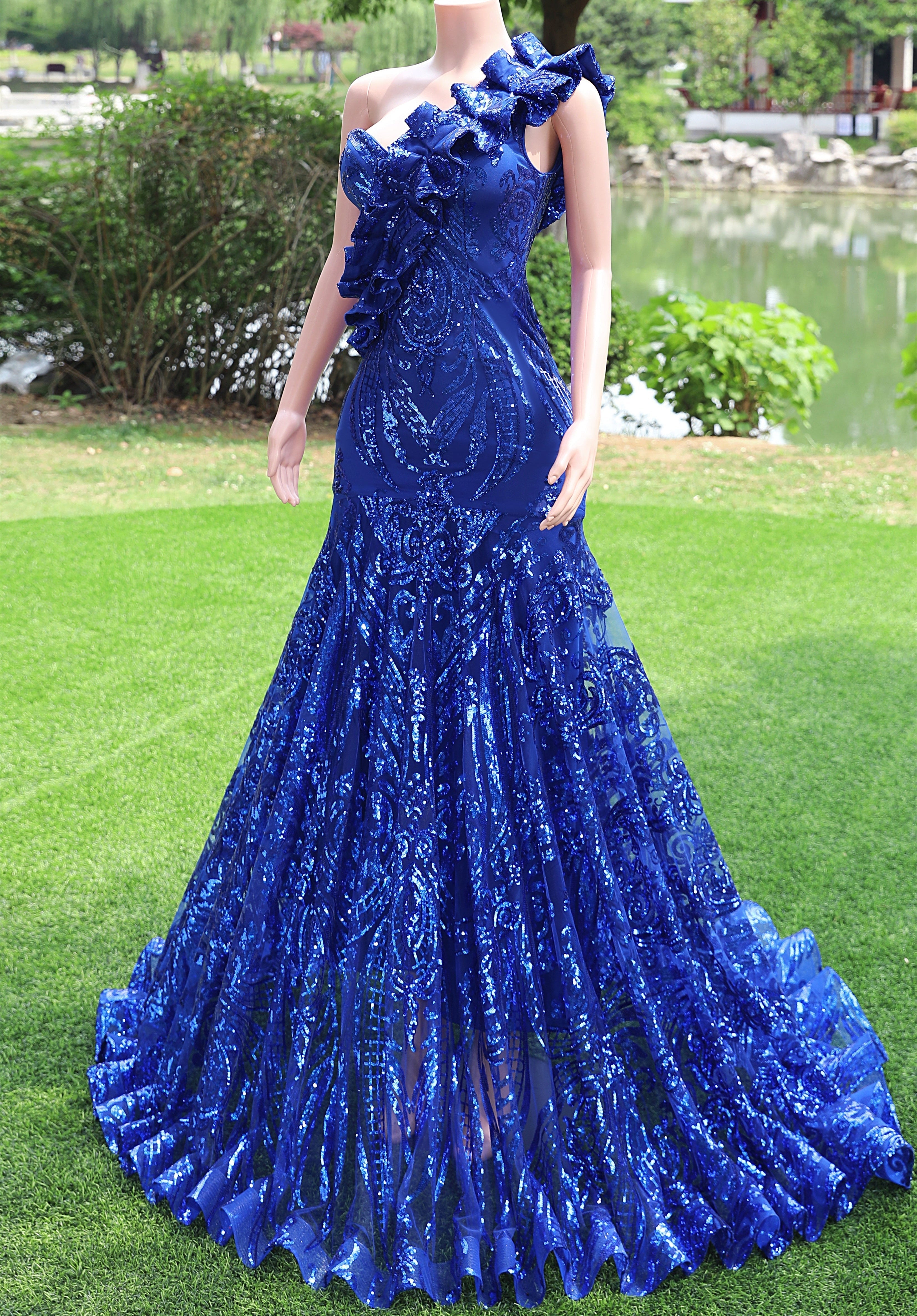 One shoulder Ruffles Sparkle Royal Blue Mermaid Prom Dresses