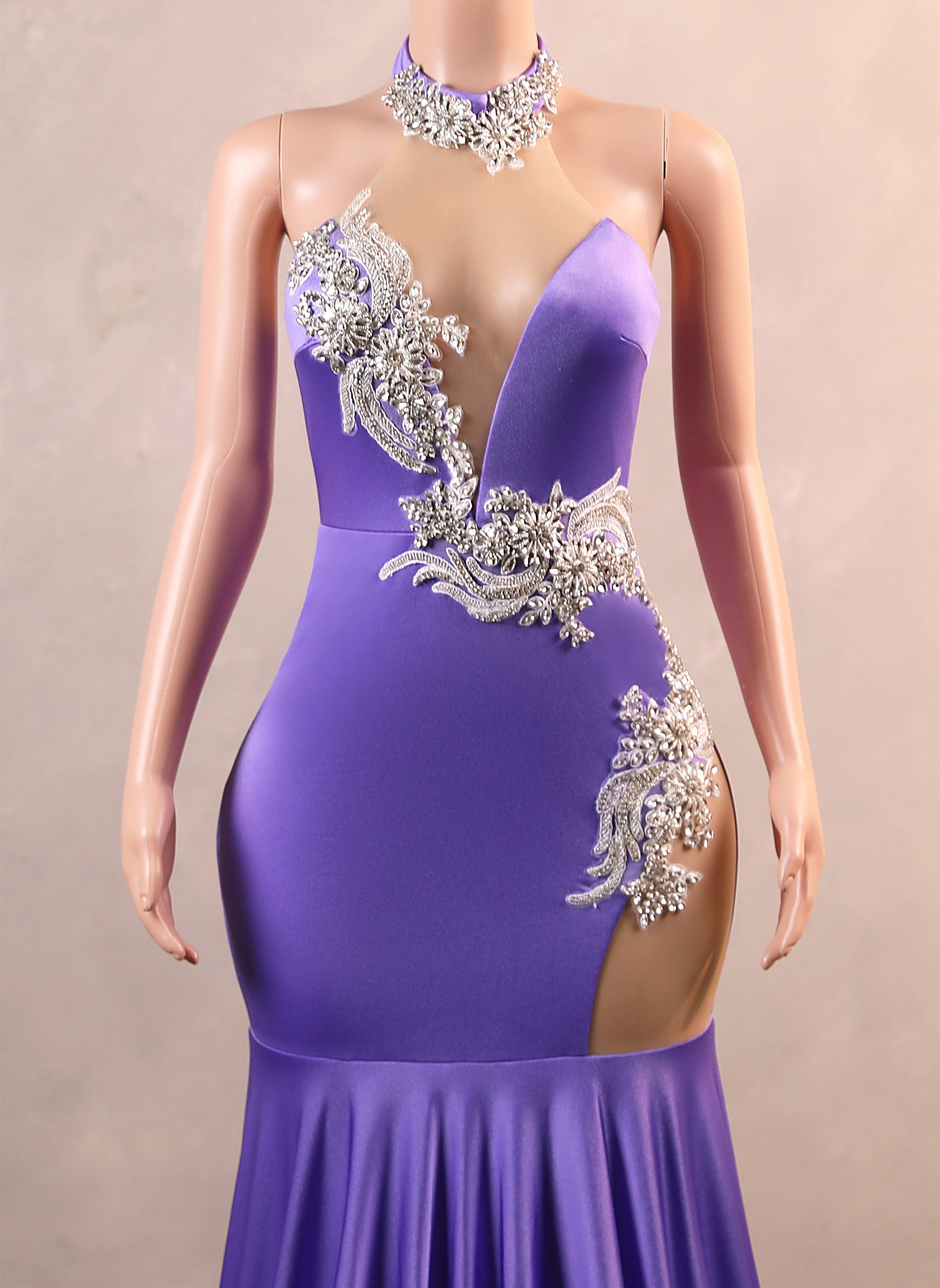 Lilac High neck Silver Applqiues Mermaid Satin Prom Dresses