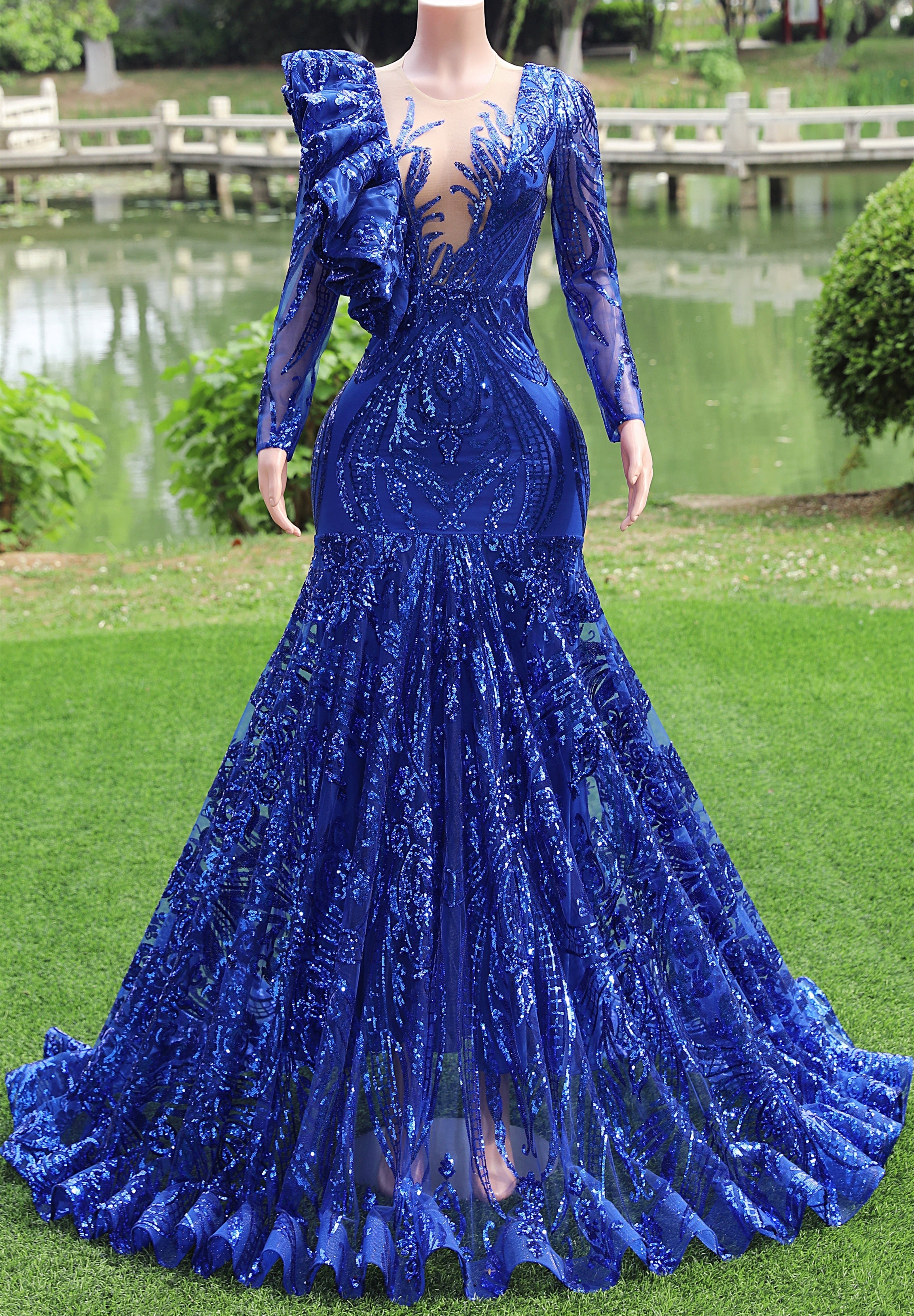 Long sleeves Royal Blue Mermaid Ruffles V-neck Floor length Prom Dresses