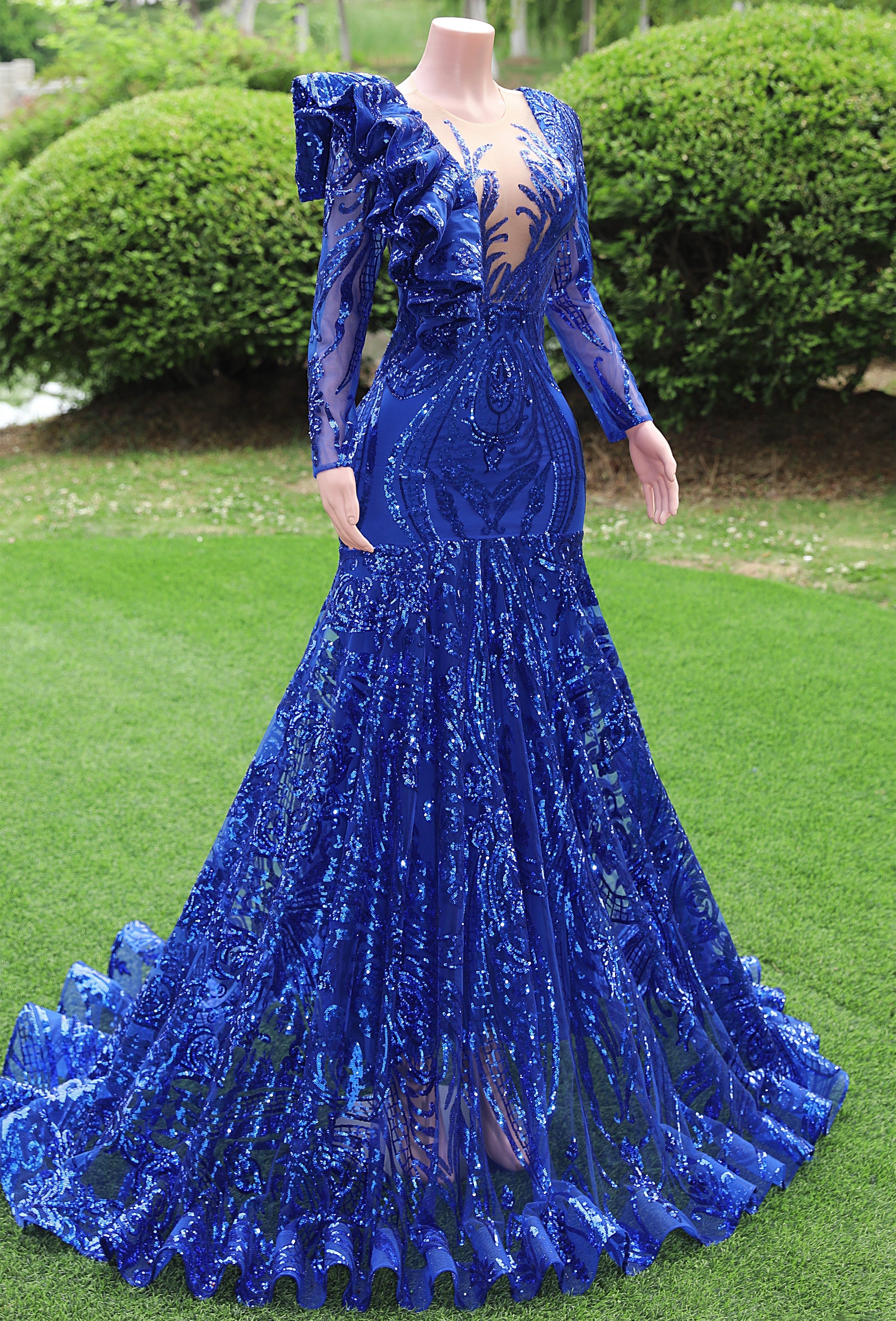 Long sleeves Royal Blue Mermaid Ruffles V-neck Floor length Prom Dresses