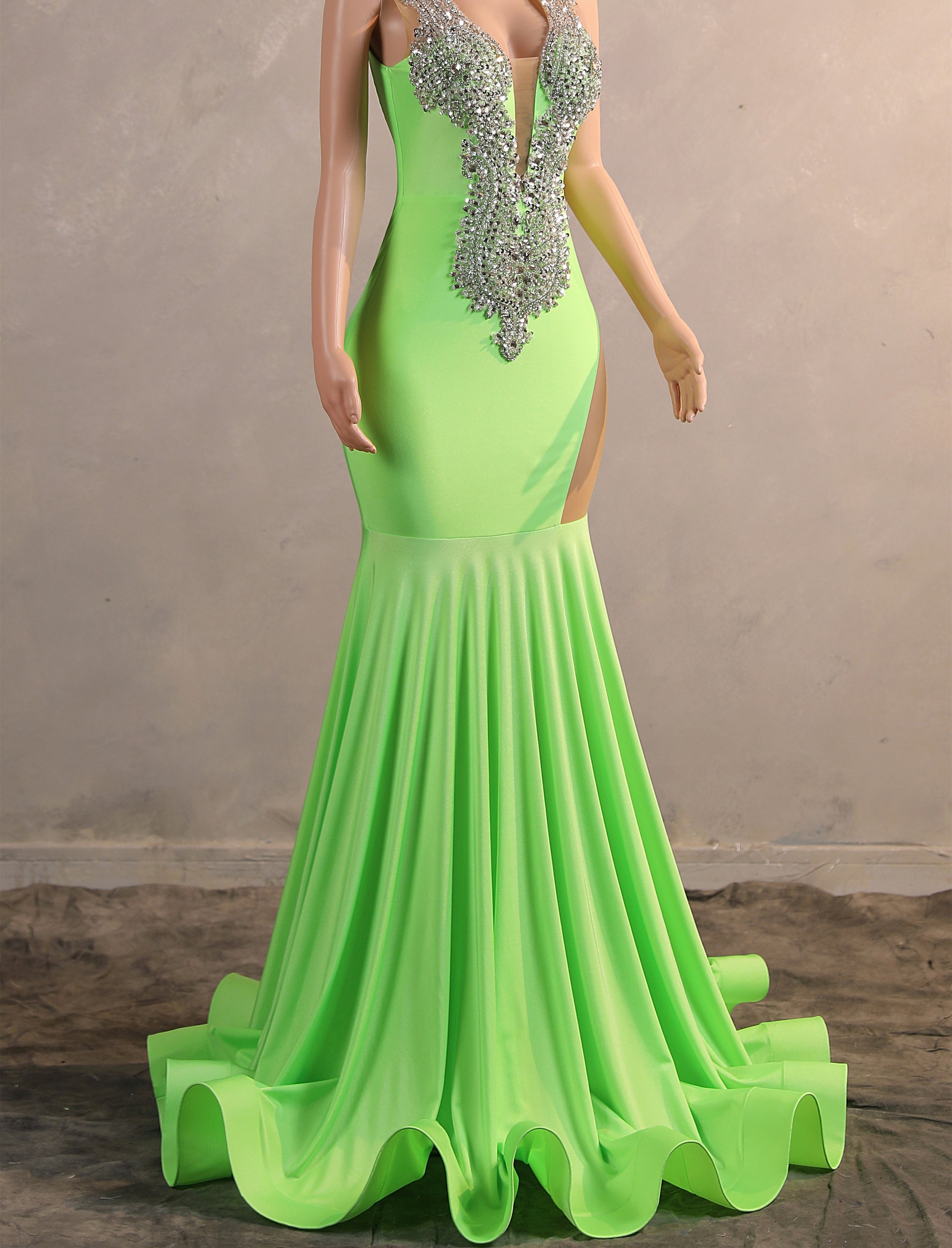Sage Green Silver Beaded Luxury Mermaid Floor Length Prom Dresses