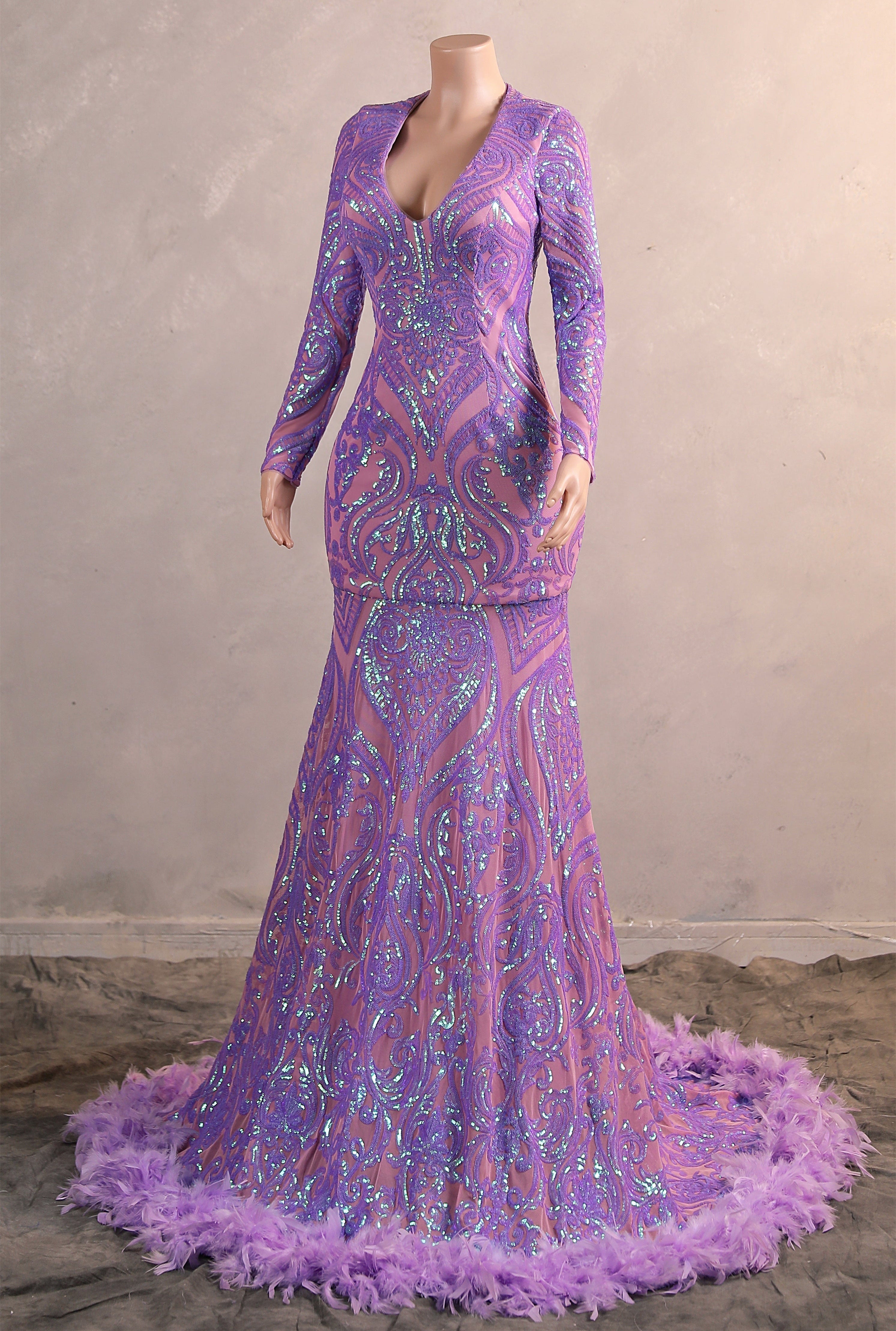Long sleeves Feather Lilac Sequin Sparkle Mermaid Prom Dresses