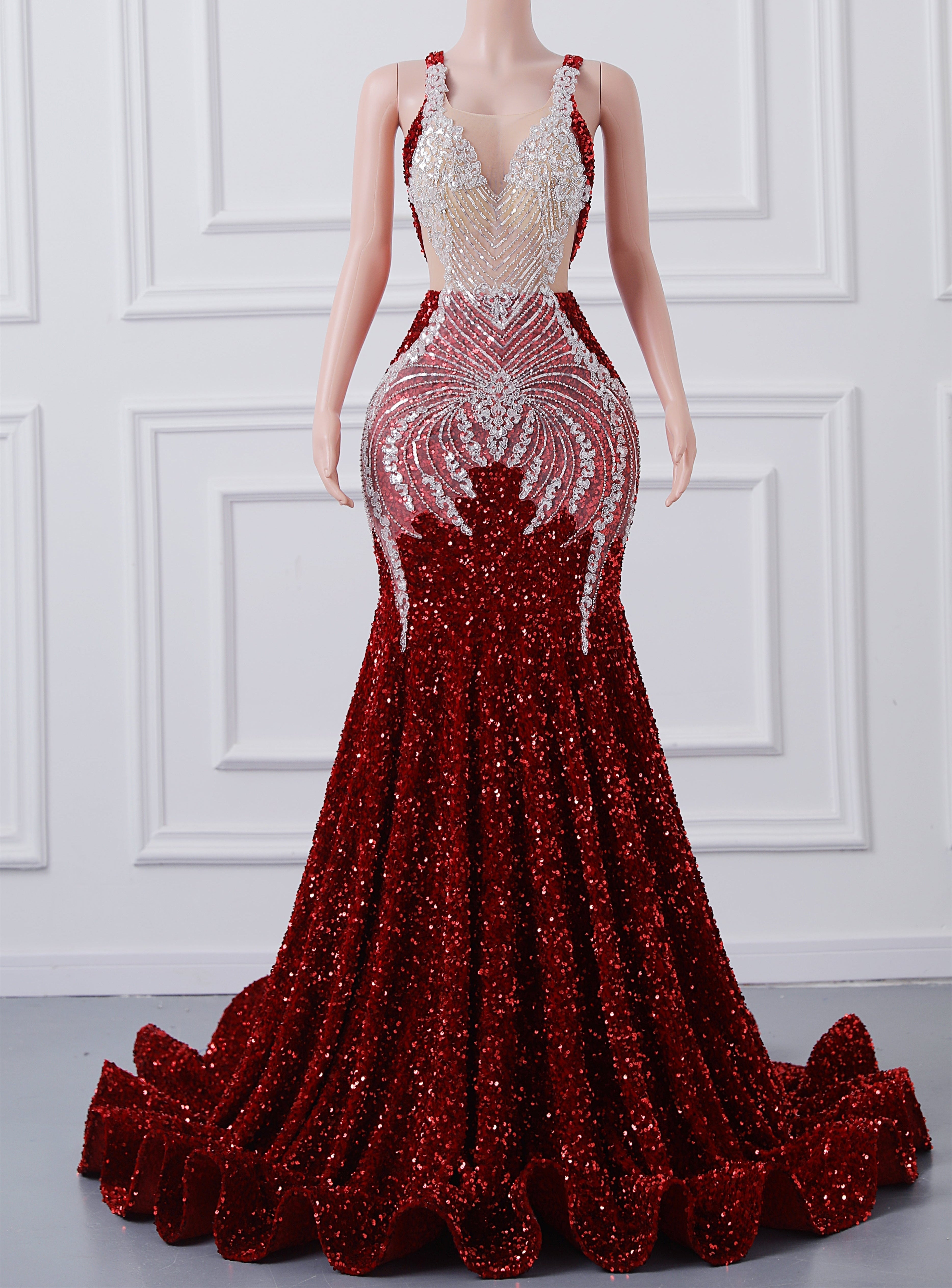 Luxury Burgundy Sequin Mermaid Silver Beaded Court Trian Criss Cross Prom Dresses