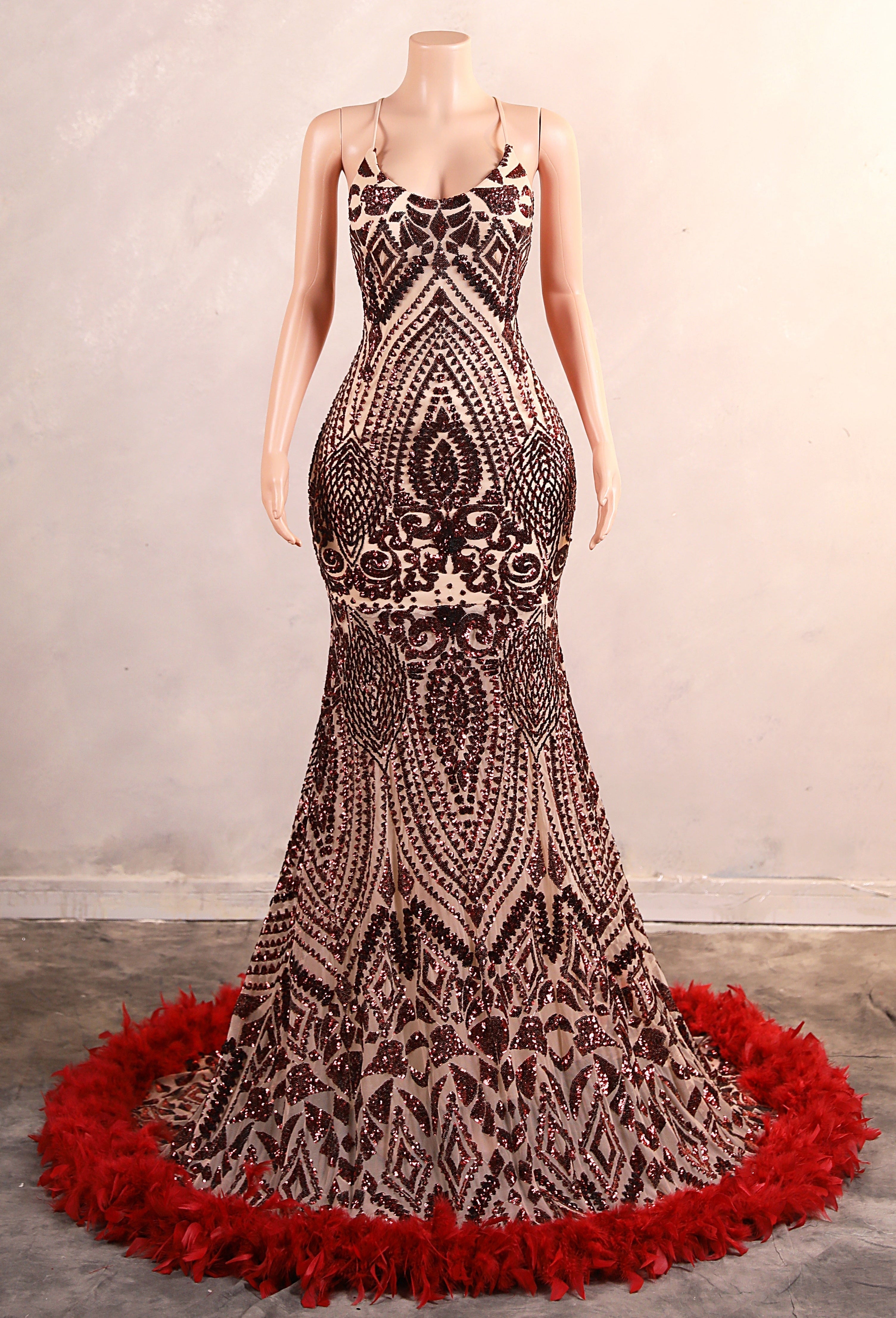 Halter Sequined Sparkle Burgundy Feathers Mermaid Prom Dresses