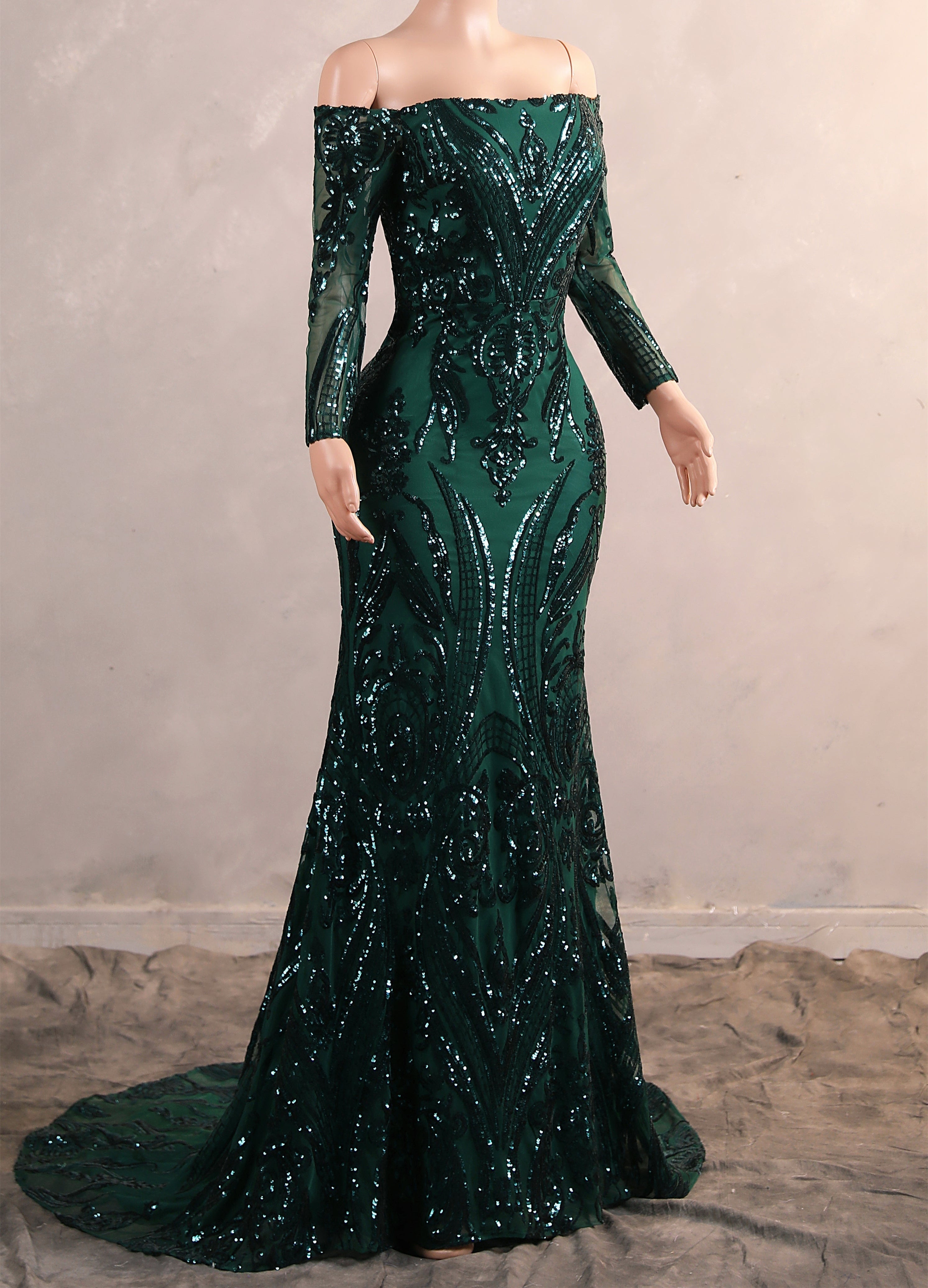Dark Green Off-the-shoulder Long sleeves Sequin Mermaid Prom Dresses
