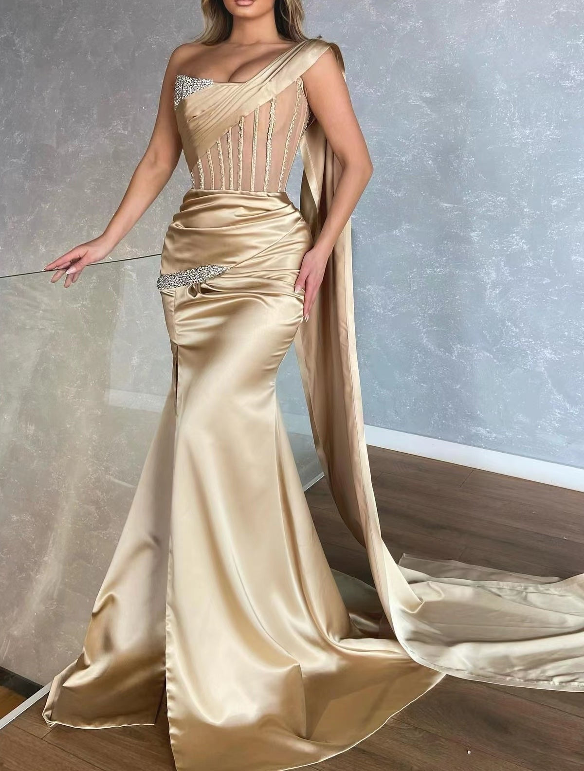 One Shoulder Sleeveless Mermaid Prom Dress with Slit Ruffles - Champagne