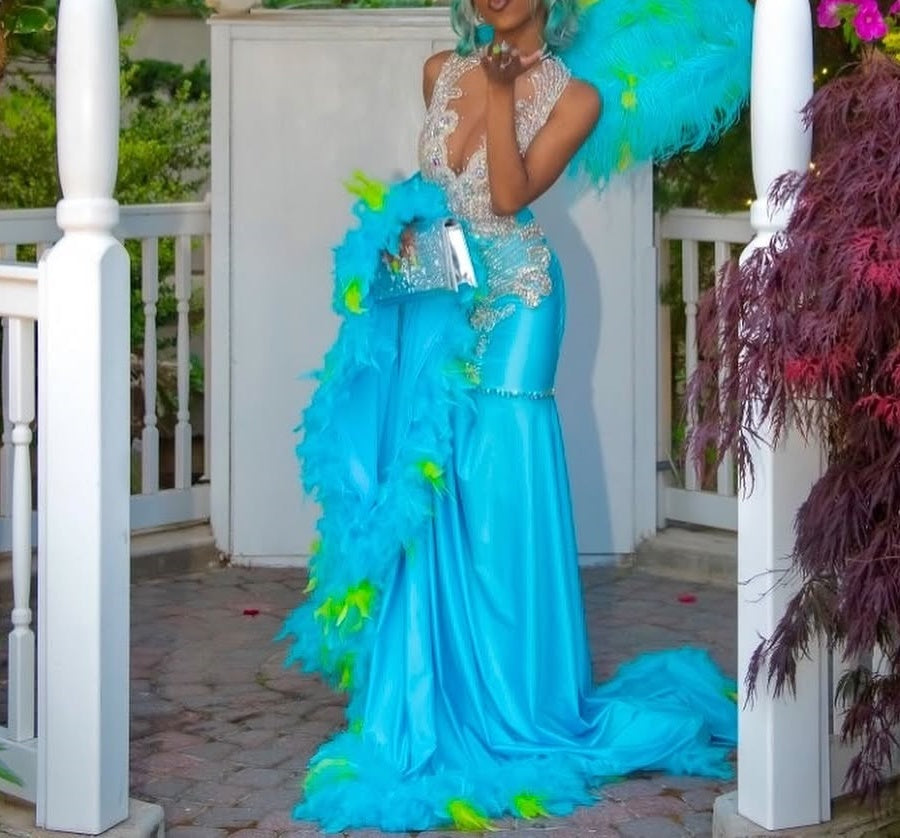 Elegant Blue Silver Sequined Feathers Mermaid Long Prom Dresses