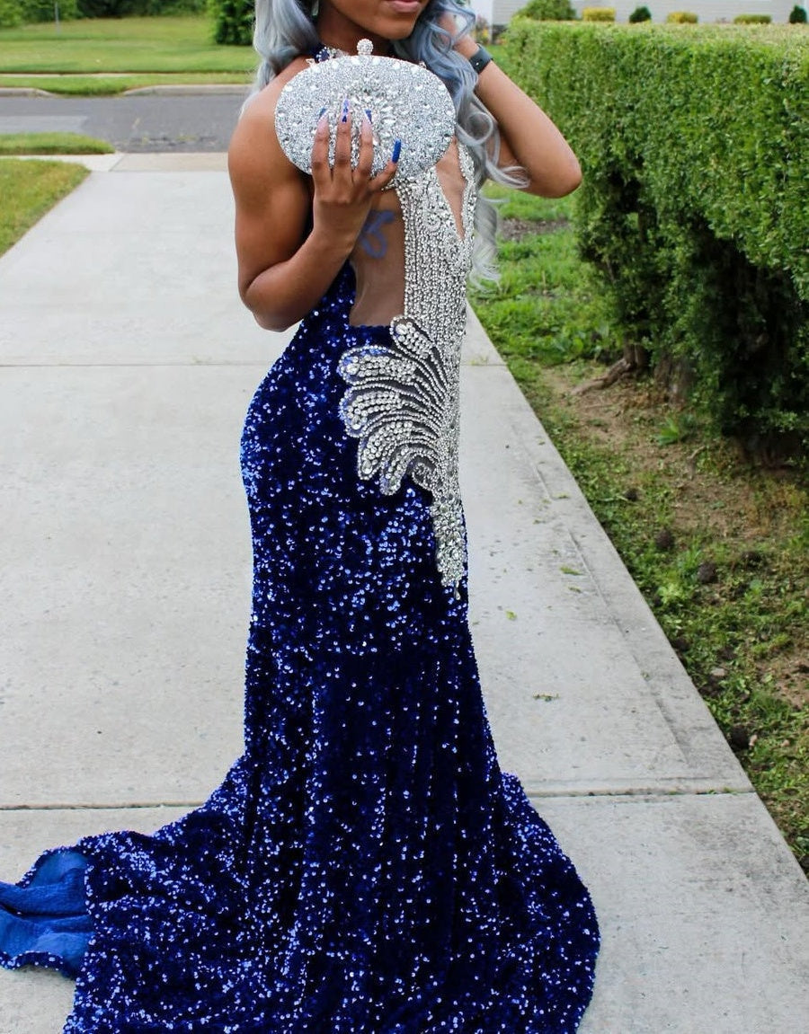 Silver Beaded Royal Blue Court Train Mermaid Sequin Long Prom Dresses