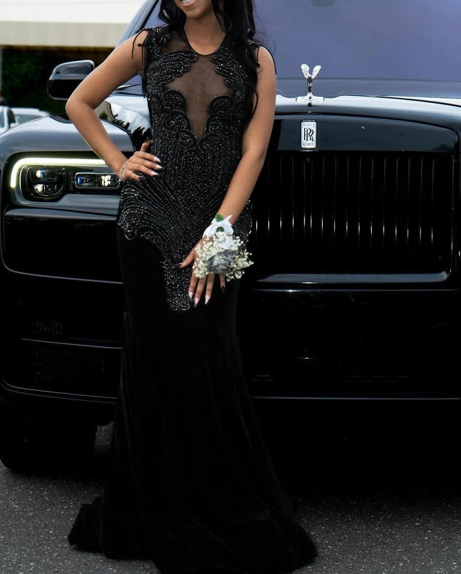 Black Beaded Sleeveless Round neck Mermaid Long Prom Dresses