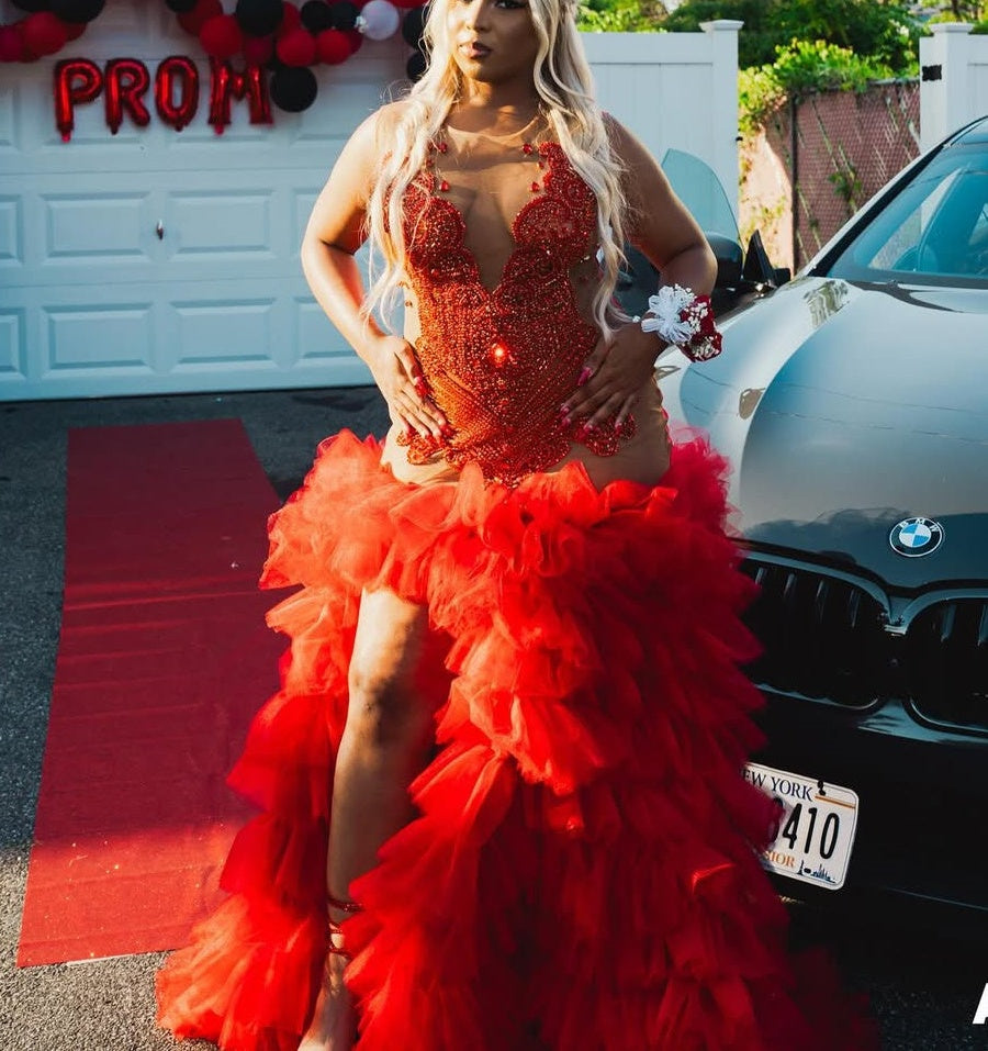 Red Ruffles High Split Sleeveless Mermaid Long Prom Dresses