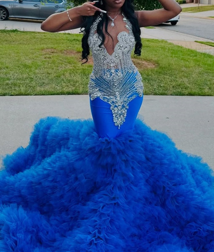Elegant Blue Ruffles Mermaid Fit and Flare Silver Beaded Prom Dresses