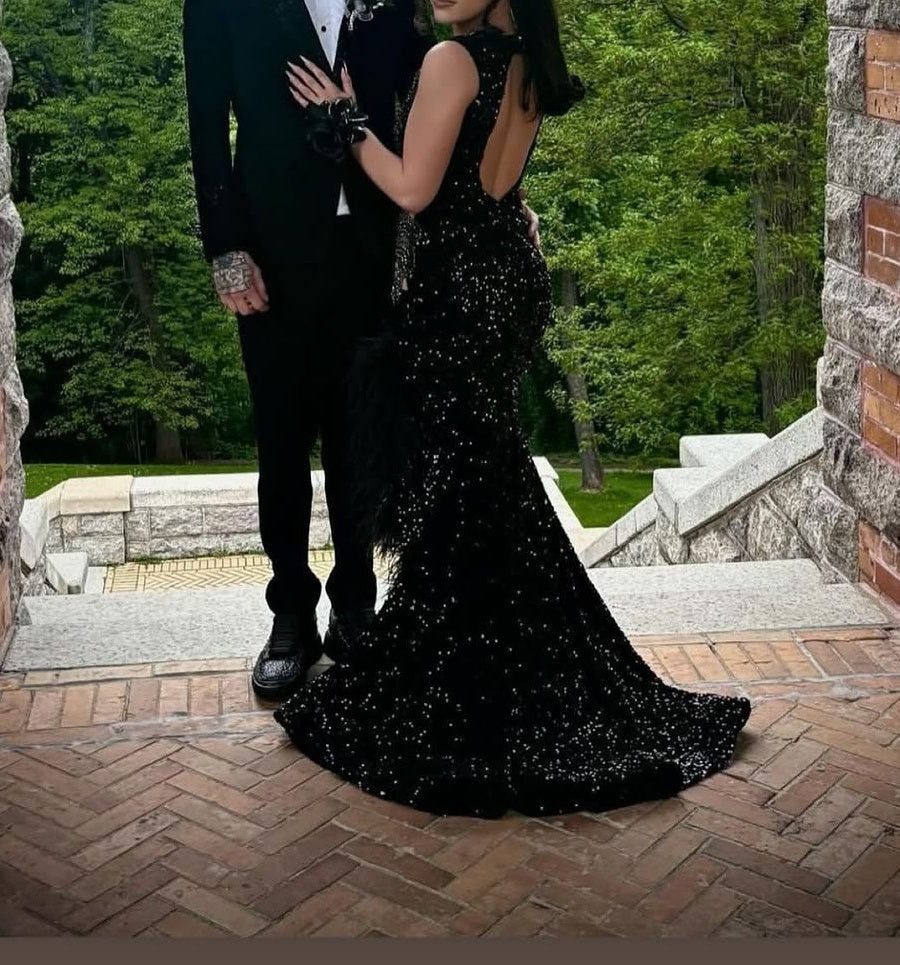 Black Open Back Sleeveless High Split Sequin Long Prom Dresses