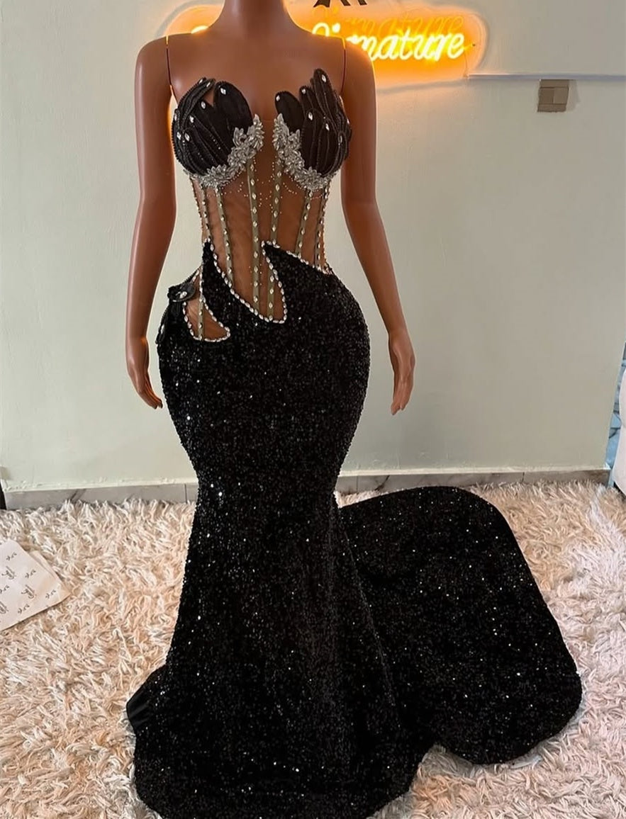 Strapless Silver Beaded Black See through Mermaid Sequin Prom Dresses