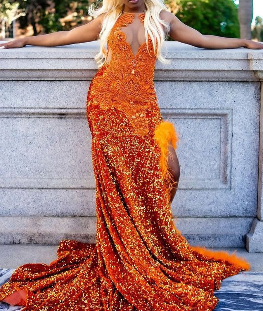 Orange Sleeveless Beaded Sequin Feathers Prom Dresses