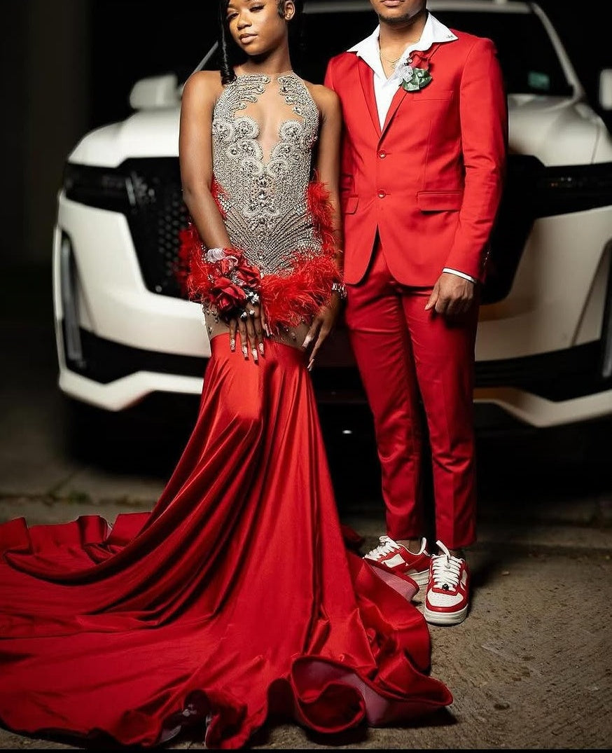 Red Silver Beaded Mermaid Sleeveless Long Mermaid Prom Dresses