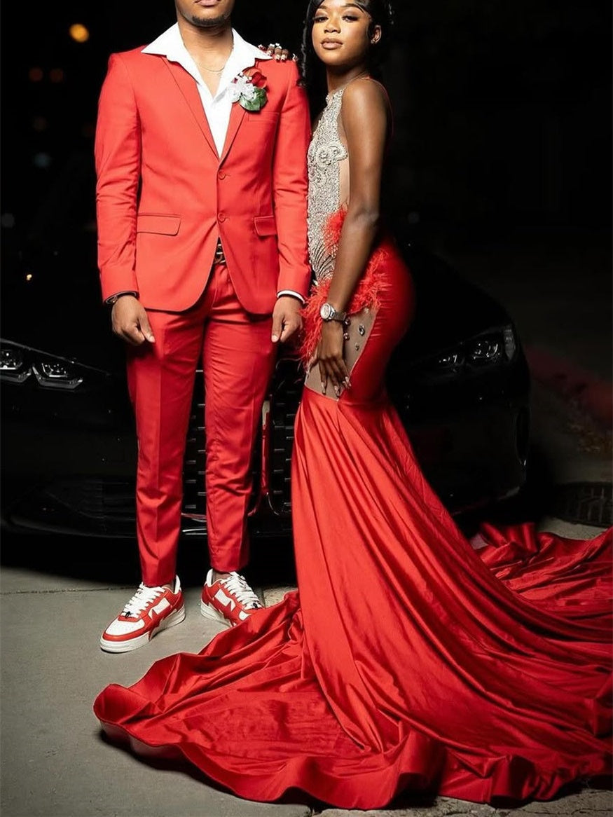 Red Silver Beaded Mermaid Sleeveless Long Mermaid Prom Dresses