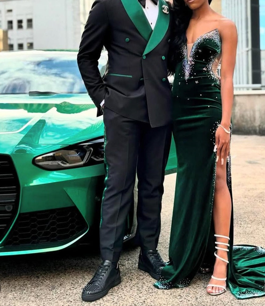 Dark Green Silver Beaded Velvet High Split Mermaid Prom Dresses