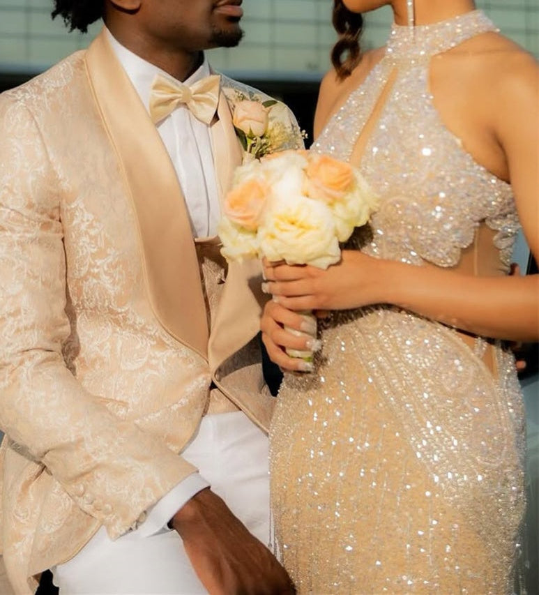 Halter High neck Champange Column Sparkle Prom Dresses