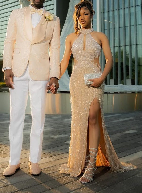 Halter High neck Champange Column Sparkle Prom Dresses