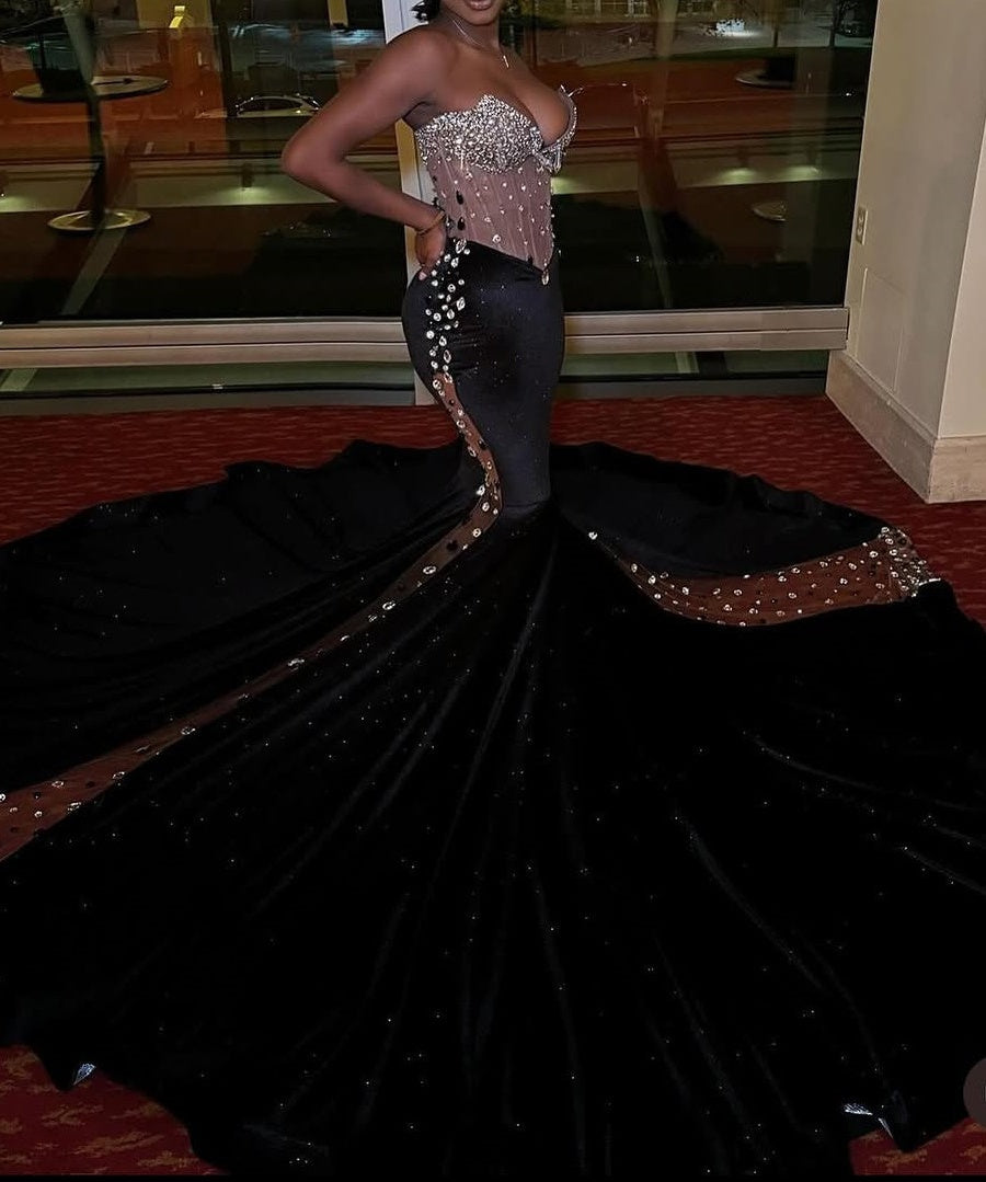 Black Court Train Beaded Sweetheart Sparkle Long Prom Dresses