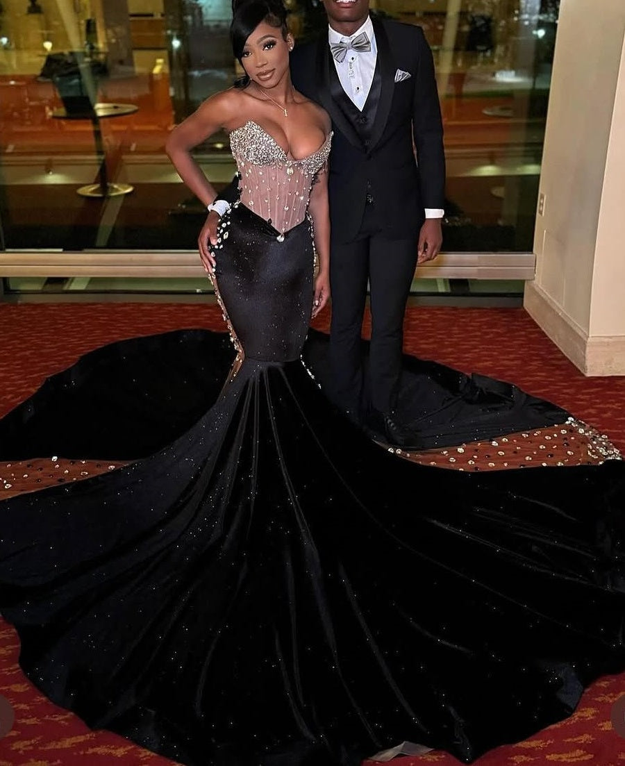 Black Court Train Beaded Sweetheart Sparkle Long Prom Dresses