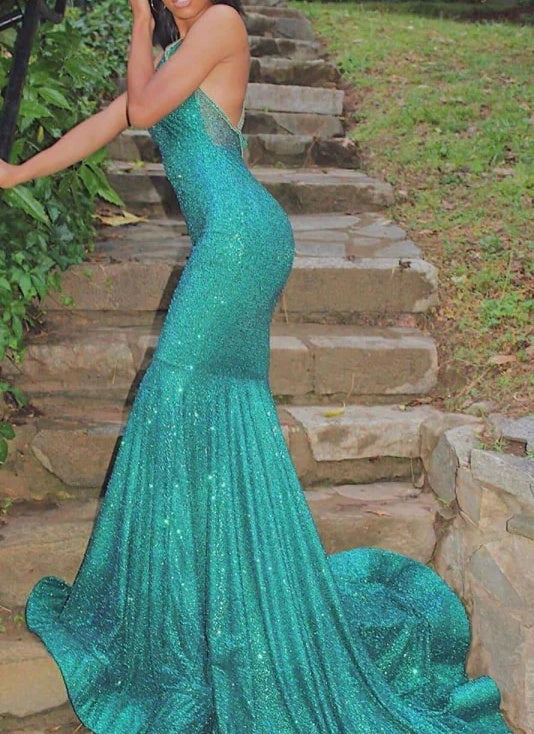 Halter Sparkle Sequin Mermaid Court Train Sleeveless Prom Dresses