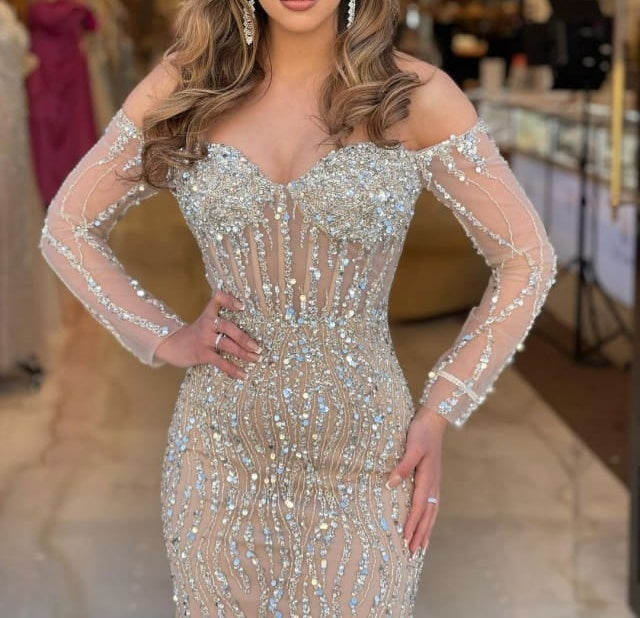Off the shoulder Champange Long sleeves Sweetheart Sparkle Beaded Prom Dresses