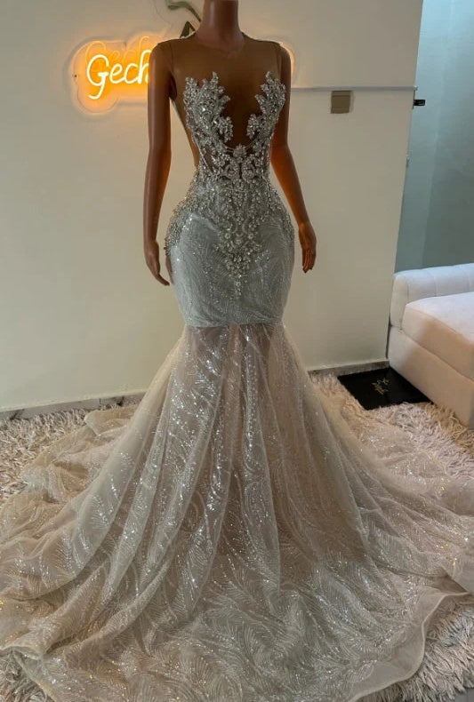 Sleeveless Silver Sparkle Appliques V-neck Mermaid Court Train Prom Dresses