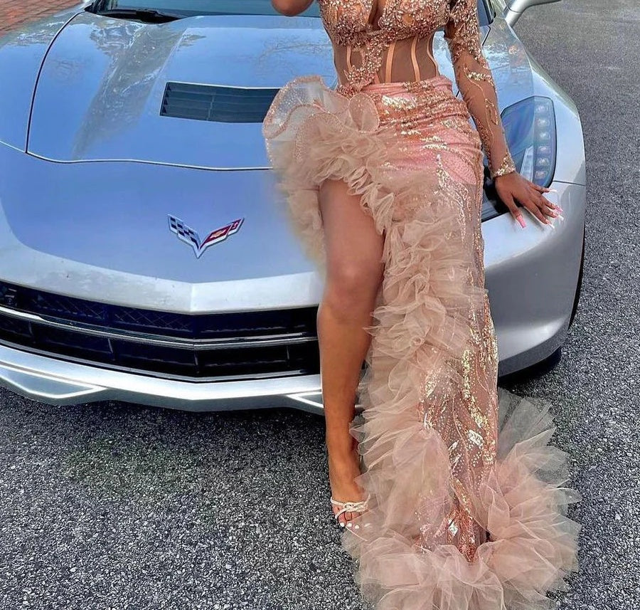 One shoulder Long sleeves Ruffles High Split Pink Prom Dresses