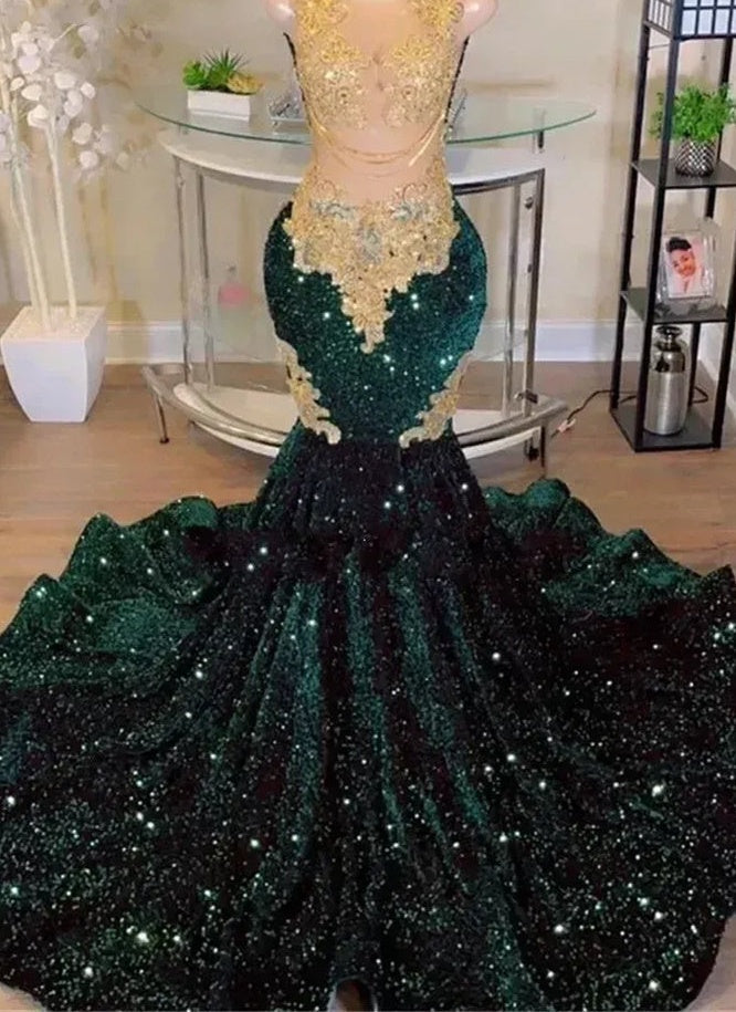 Round neck Dark Green Mermaid Court Train Sleeveless Prom Dresses