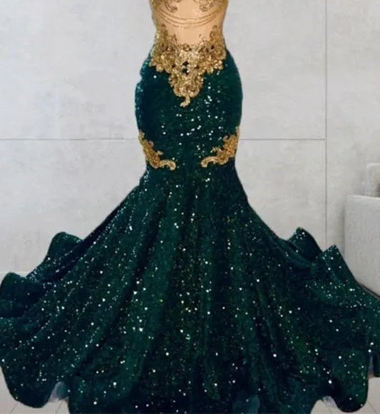 Round neck Dark Green Mermaid Court Train Sleeveless Prom Dresses