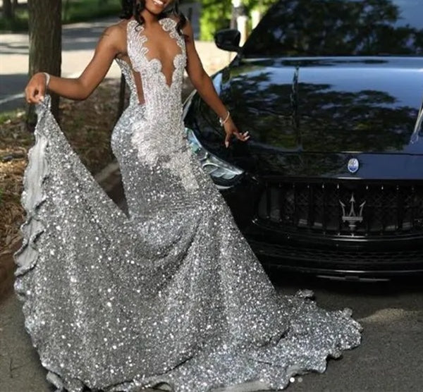 Silver Beaded V-neck Sequin A-line Sleeveless Floor length Prom Dresses