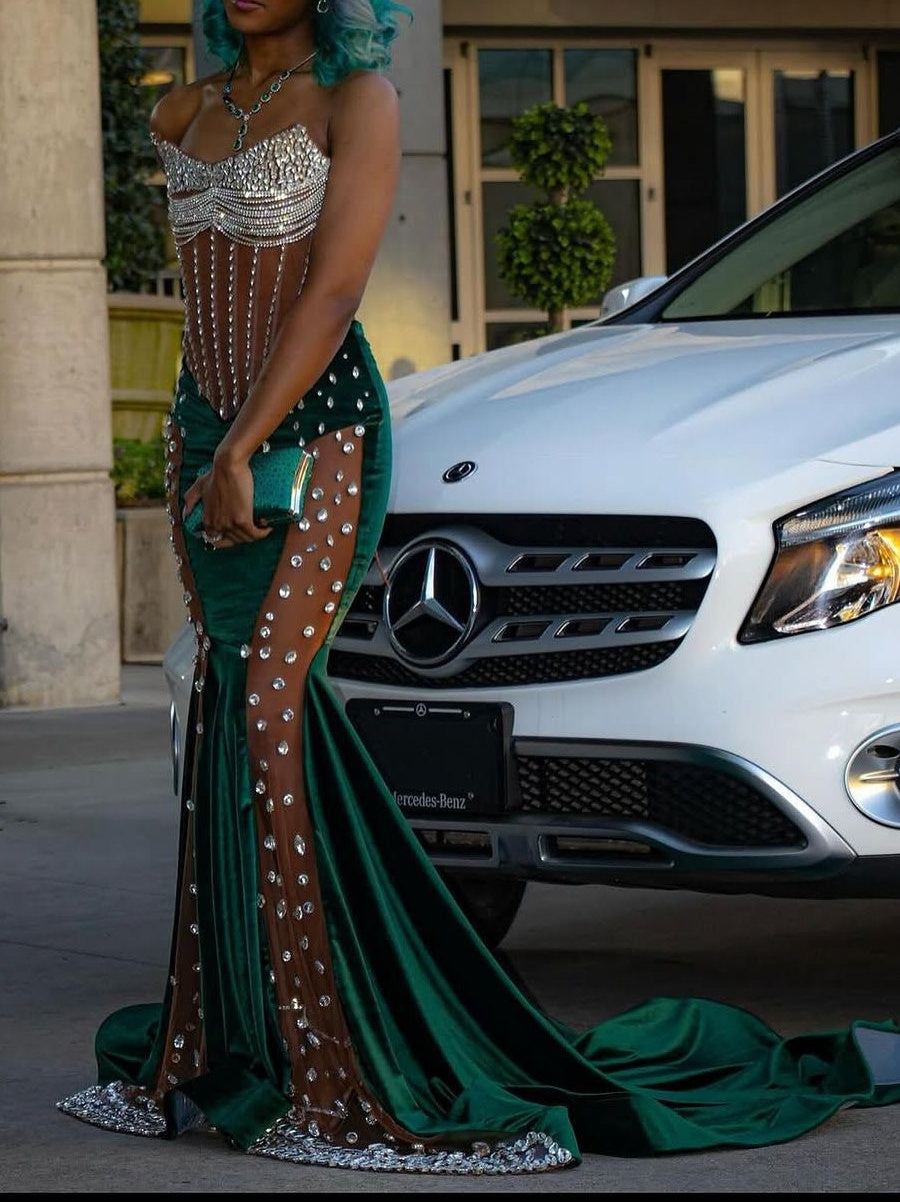 Dark Green Sweetheart Silver Beaded See through Hot Prom Dresses