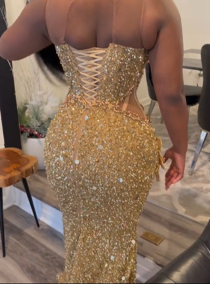 Gold Sleeveless Flowers Sequin Column Floor length Sparkle Prom Dresses