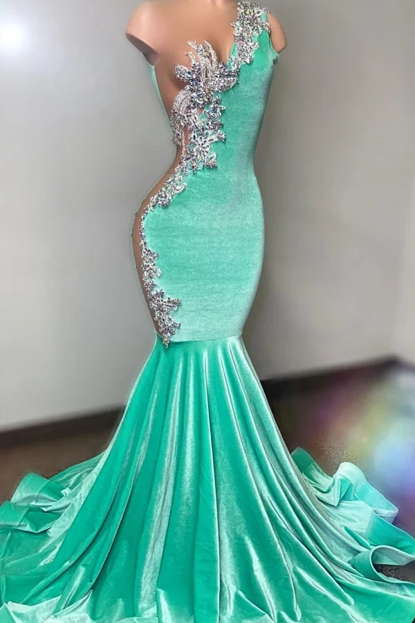 One Shoudler Mint Green Floor length Prom Dresses