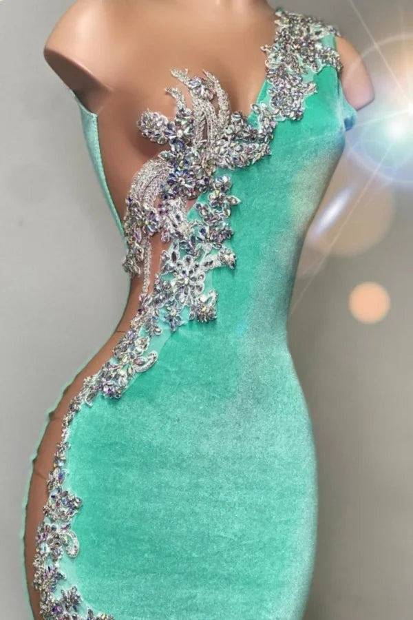 One Shoudler Mint Green Floor length Prom Dresses