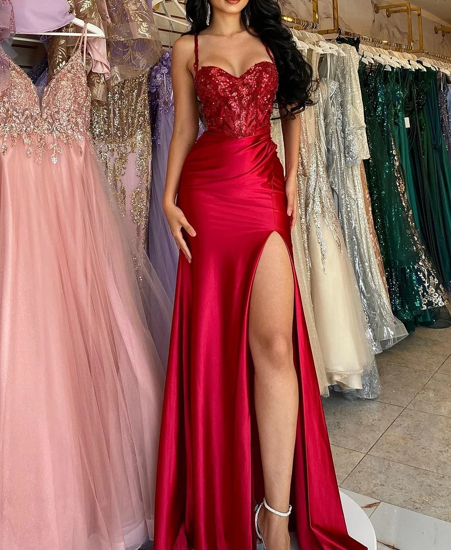 Straps Burgundy Sweetheart High Split A-line Floor length Prom Dresses