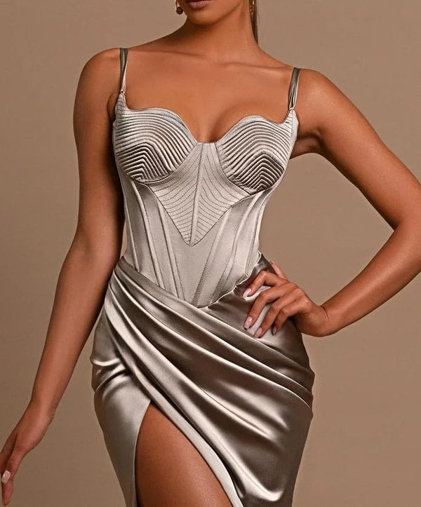 Straps Silver Mermaid High Split Floor length Sleeveless Prom Dresses