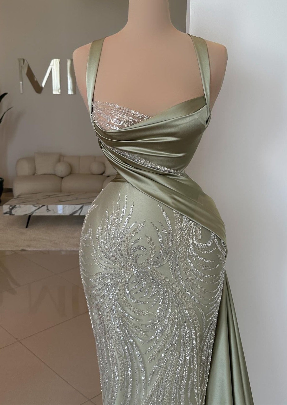 Sage Sweetheart Sleeveless Mermaid Prom Dress with Beads: A stunning gown for your special night.