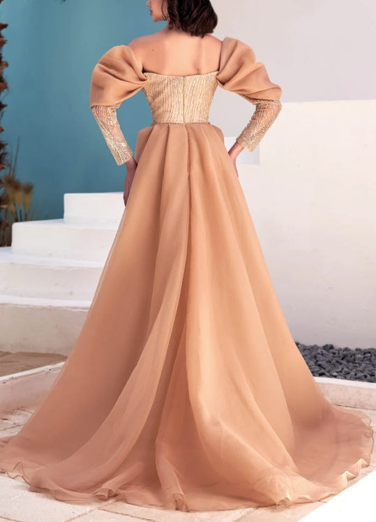 Gorgeous Off-the-Shoulder Long Sleeves Mermaid Prom Dress With Beadings Ruffles