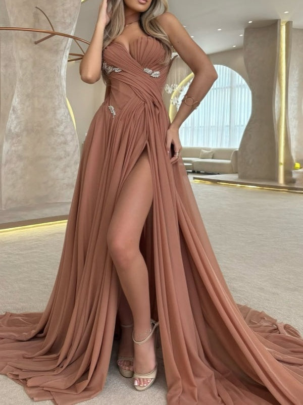 Stunning Sweetheart Long Chiffon Prom Dress Split With Pleats