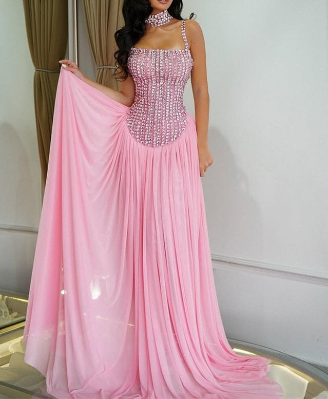 Pretty Pink Spaghetti-Straps Chiffon Prom Dresses Floor Length Sleeveless With Beads