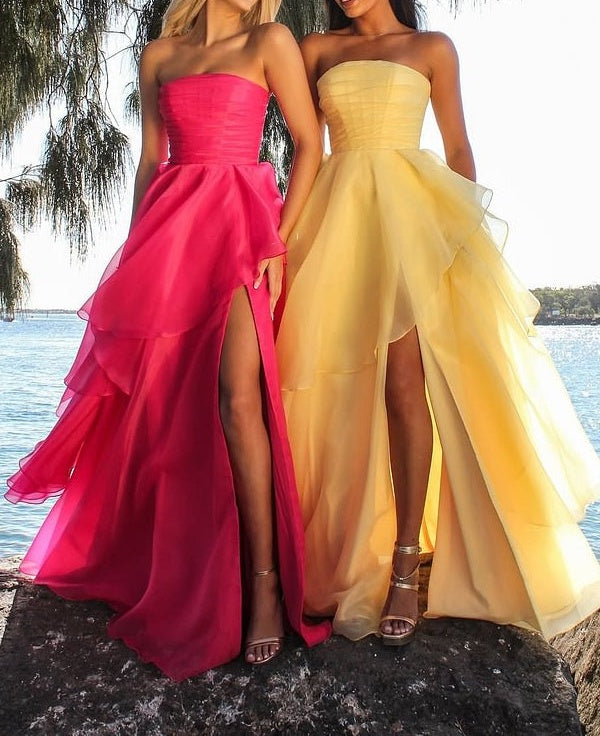 Beautiful Daffodil Strapless A-Line Prom Dresses Sleeveless With High Slit Online