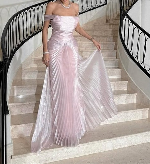 Glamorous Pink Off-The-Shoulder Prom Dress Sleeveless Sheath With Overskirt Pleats
