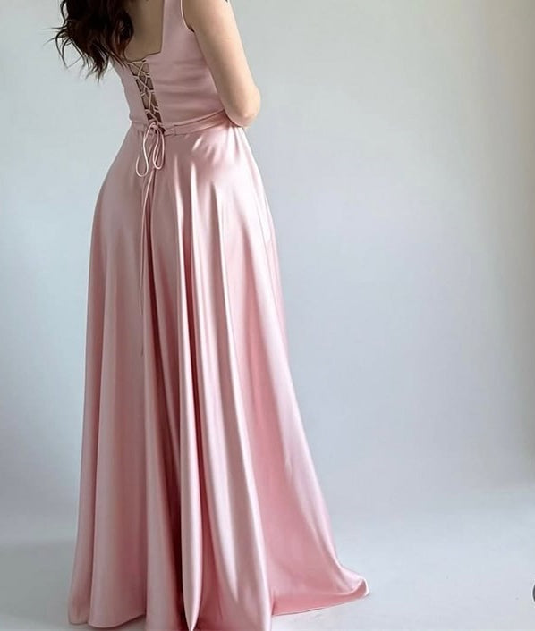 Chic Pink Square Straps Sleeveless Prom Dresses Satin Lace-UP Back With Pleats
