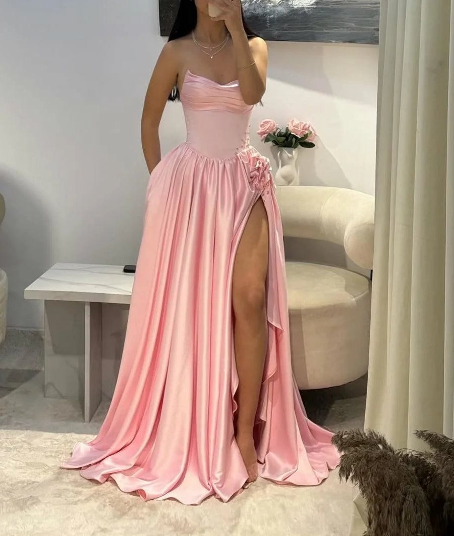 Gorgeous Baby Pink Sweetheart Satin Prom Dresses Sleeveless High Slit Gem With Pleats