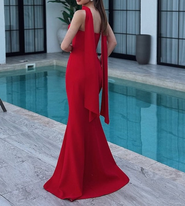 Charming Red Strapless Satin Mermaid Prom Dresses Floor Length Sleeveless On Sale