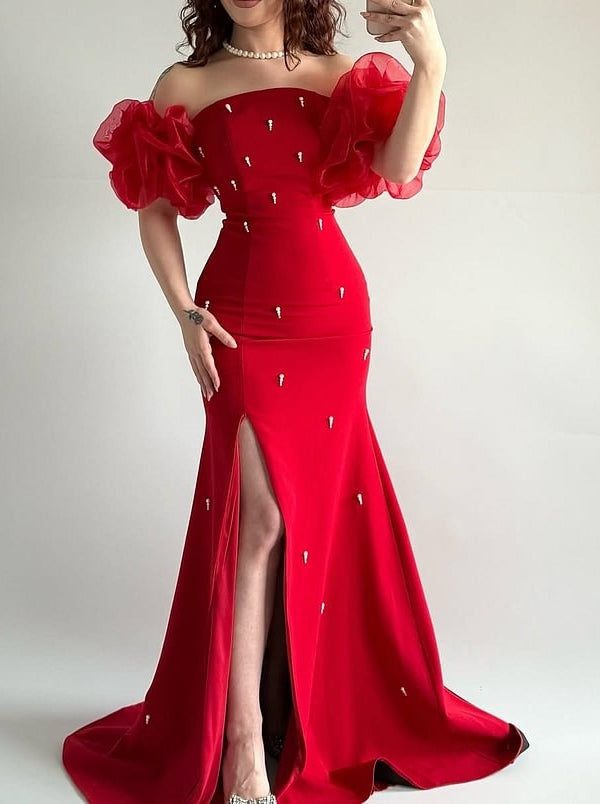 Elegant Red Strapless Mermaid Prom Dresses Bubbles Sleeves High Slit Sheath With Pearls